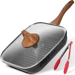 ESLITE LIFE 9.5 Inch Nonstick Grill Pan with Lid for Indoor Cooking.